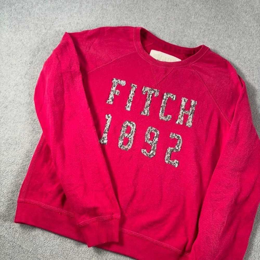 Abercrombie & Fitch Sweatshirt Womens M Pink Solid Sequin Logo Raglan Crew Neck